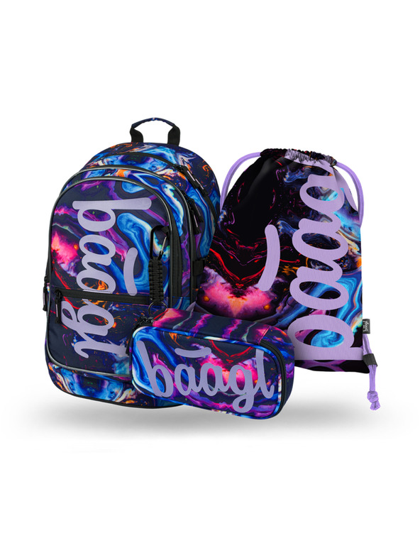 BAAGL  Lila Schulset - Rucksack, Mäppchen, Tasche Baagl Core Marble