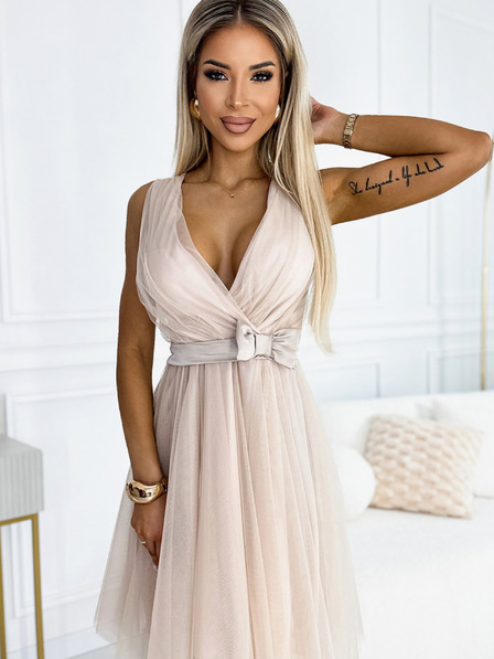 numoco 523-3 Ausschnitt Tüllkleid mit Schleife - beige