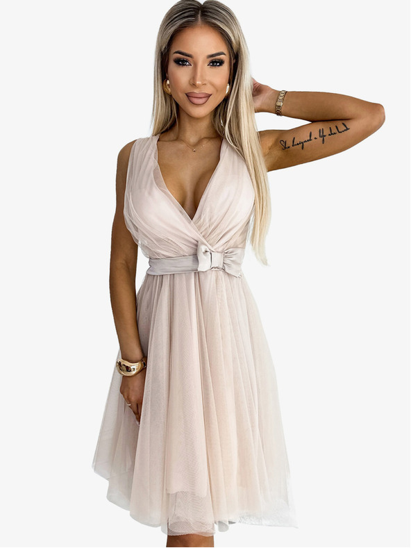 numoco 523-3 Ausschnitt Tüllkleid mit Schleife - beige