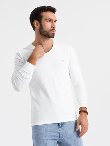 Ombre Clothing Herren SLIM FIT T-Shirt mit V-Ausschnitt, langen Ärmeln, Elastan und Aufdruck weiß Ombre Clothing