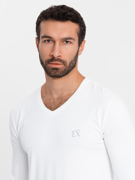 Ombre Clothing Herren SLIM FIT T-Shirt mit V-Ausschnitt, langen Ärmeln, Elastan und Aufdruck weiß Ombre Clothing