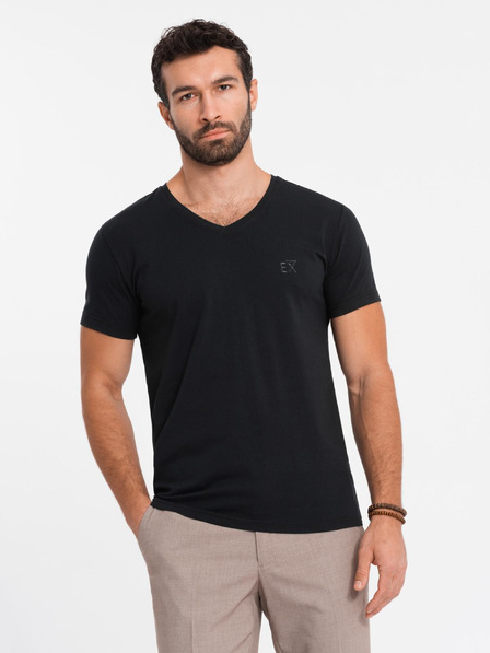 Ombre Clothing Herren SLIM FIT T-Shirt mit V-Ausschnitt, Elastan und Aufdruck schwarz Ombre Clothing