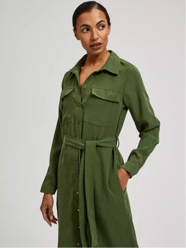 Moodo Khakifarbenes Hemdkleid mit langen Ärmeln Moodo