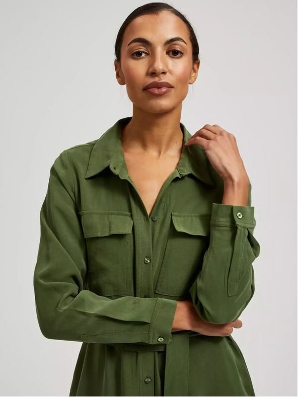 Moodo Khakifarbenes Hemdkleid mit langen Ärmeln Moodo