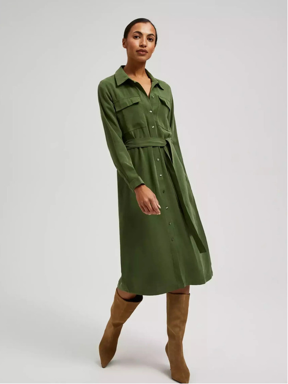 Moodo Khakifarbenes Hemdkleid mit langen Ärmeln Moodo