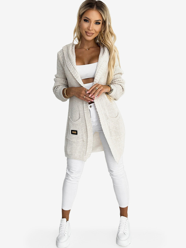 numoco Cremefarbene Damen-Strickjacke mit Kapuze, Taschen und Numoco-Applikation