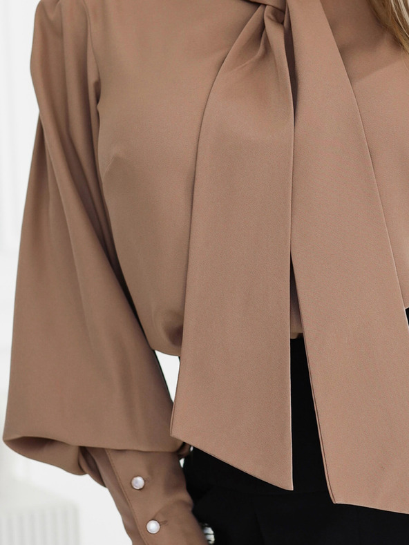 numoco Braune langärmelige Damenbluse mit Krawatte und Knöpfen Numoco