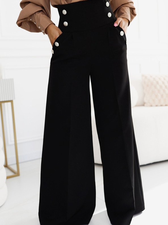 numoco Schwarze elegante Damenhose mit hohem Bund und weitem Bein und goldenen Knöpfen Numoco