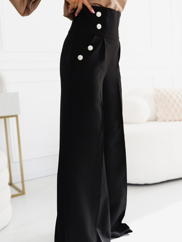 numoco Schwarze elegante Damenhose mit hohem Bund und weitem Bein und goldenen Knöpfen Numoco