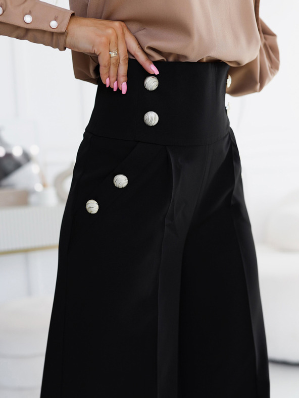 numoco Schwarze elegante Damenhose mit hohem Bund und weitem Bein und goldenen Knöpfen Numoco