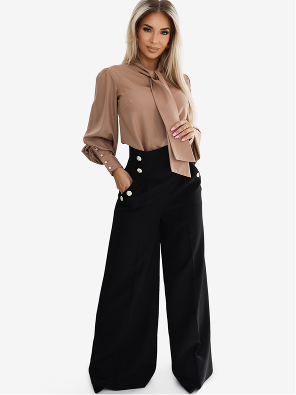 numoco Schwarze elegante Damenhose mit hohem Bund und weitem Bein und goldenen Knöpfen Numoco