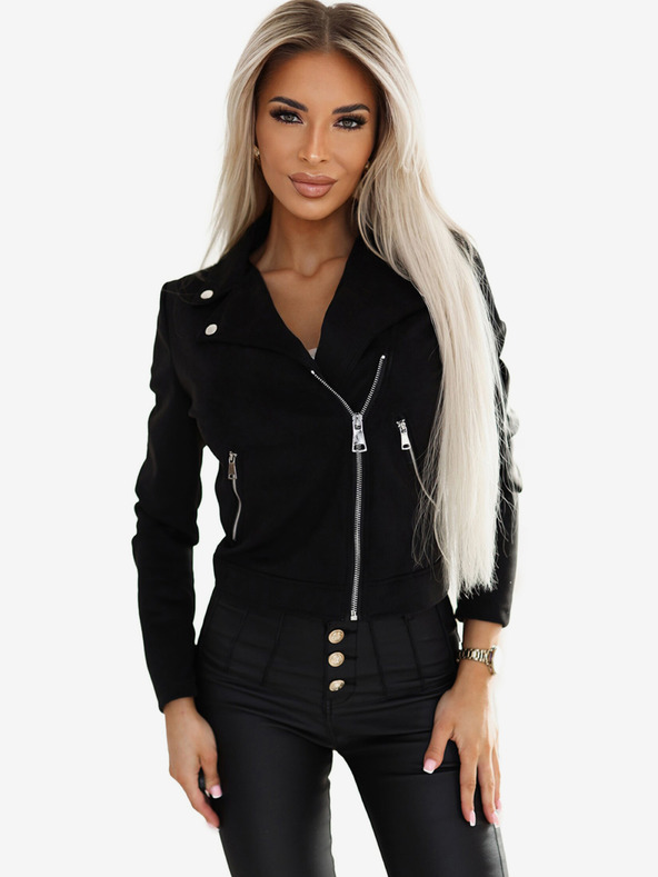 numoco Schwarze Damen-Wildlederjacke mit langen Ärmeln und Reißverschlüssen Numoco