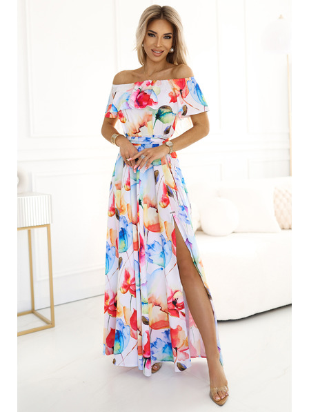 numoco Langes Sommerkleid mit Gürtel - buntes Blumenmuster Numoco