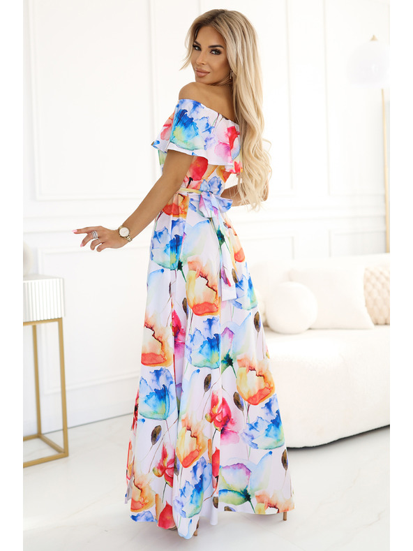 numoco Langes Sommerkleid mit Gürtel - buntes Blumenmuster Numoco