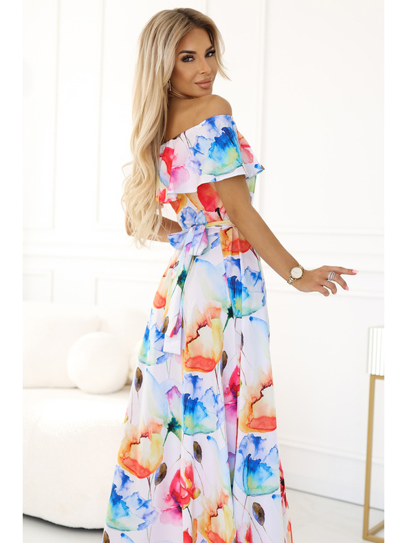 numoco Langes Sommerkleid mit Gürtel - buntes Blumenmuster Numoco