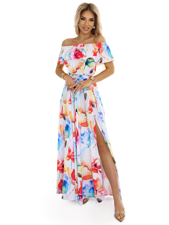 numoco Langes Sommerkleid mit Gürtel - buntes Blumenmuster Numoco