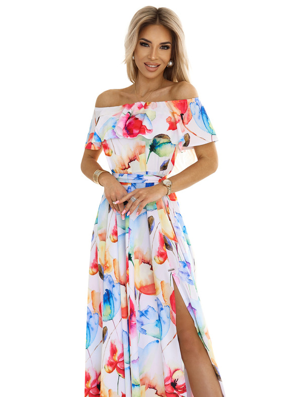 numoco Langes Sommerkleid mit Gürtel - buntes Blumenmuster Numoco