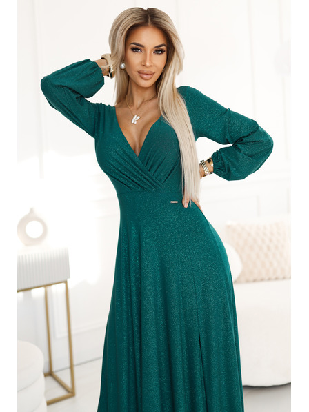 numoco Glänzendes langes Kleid mit Rundhalsausschnitt, langen Ärmeln und Beinschlitz Numoco