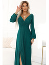 numoco Glänzendes langes Kleid mit Rundhalsausschnitt, langen Ärmeln und Beinschlitz Numoco