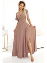 numoco Numoco Glänzendes Langes Kleid mit Ärmeln und Ausschnitt - Mokka Mousse mit Glitter