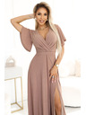 numoco Numoco Glänzendes Langes Kleid mit Ärmeln und Ausschnitt - Mokka Mousse mit Glitter