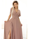 numoco Numoco Glänzendes Langes Kleid mit Ärmeln und Ausschnitt - Mokka Mousse mit Glitter