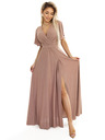 numoco Numoco Glänzendes Langes Kleid mit Ärmeln und Ausschnitt - Mokka Mousse mit Glitter