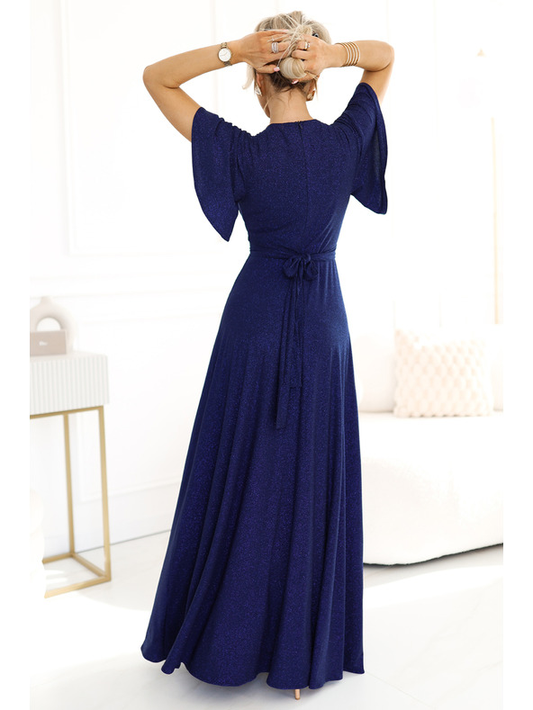 numoco Glänzendes langärmeliges Kleid mit Ausschnitt - Dunkelblau mit Glitzer Numoco