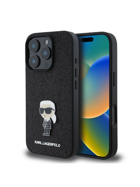 Karl Lagerfeld Karl Lagerfeld Fester Glitzer Metall Ikonik Rückseite Hülle für iPhone 16 Pro Schwarz