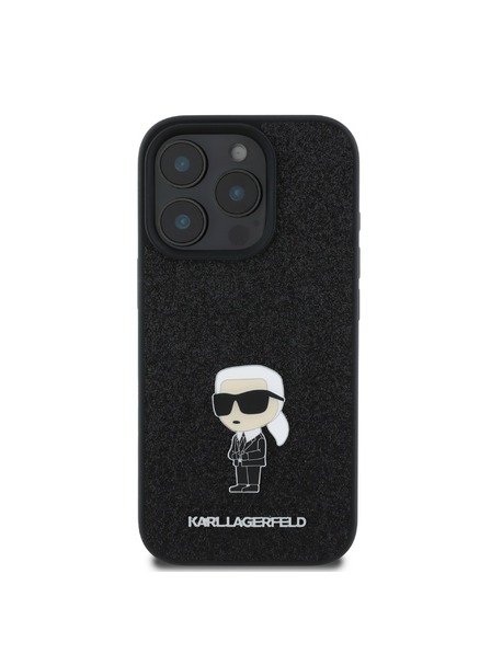 Karl Lagerfeld Karl Lagerfeld Fester Glitzer Metall Ikonik Rückseite Hülle für iPhone 16 Pro Schwarz