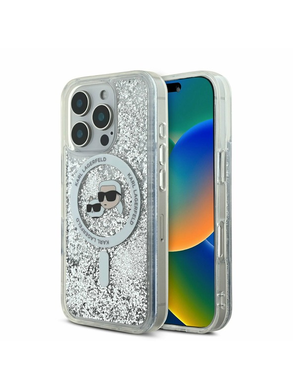 Karl Lagerfeld Karl Lagerfeld Flüssig Glitzer Karl and Choupette Köpfe MagSafe Rückseite Hülle für iPhone 16 Pro Max Transparent