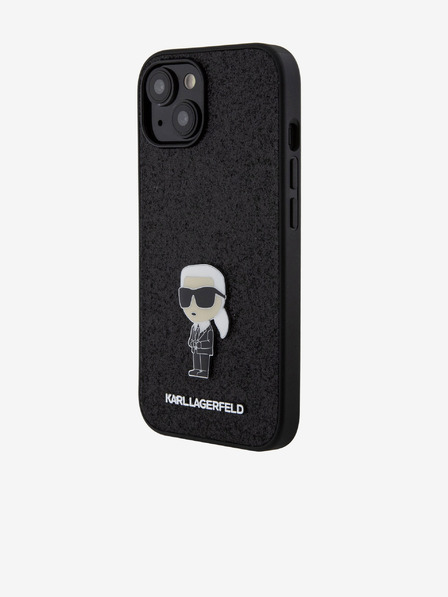 Karl Lagerfeld Karl Lagerfeld Fester Glitzer Metall Ikonik Rückseite Hülle für iPhone 15 Black