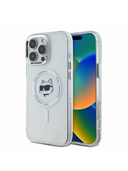 Karl Lagerfeld Karl Lagerfeld IML Choupette Kopf Metallrahmen MagSafe Rückseite Hülle für iPhone 16 Pro Max Transparent