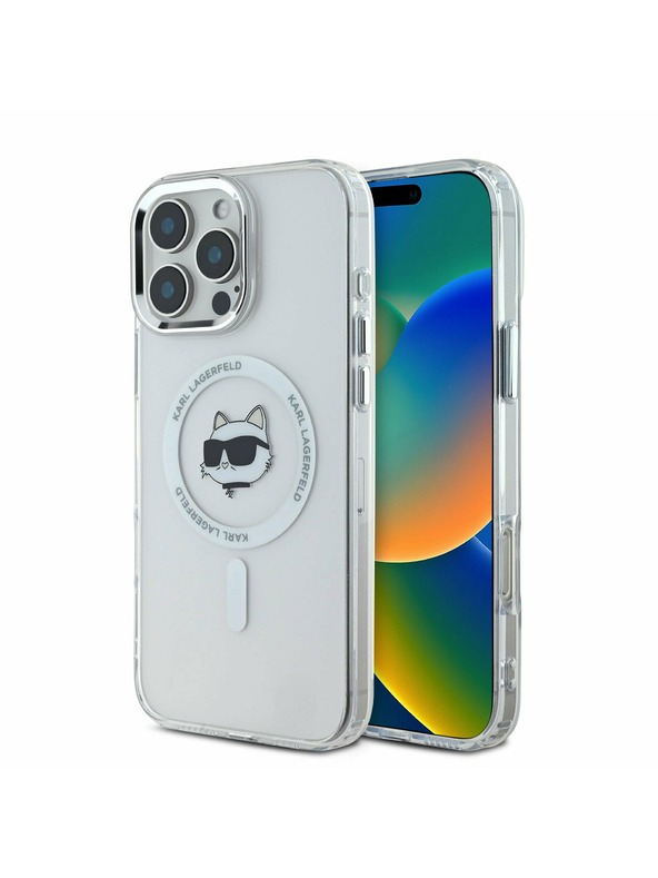 Karl Lagerfeld Karl Lagerfeld IML Choupette Kopf Metallrahmen MagSafe Rückseite Hülle für iPhone 16 Pro Max Transparent