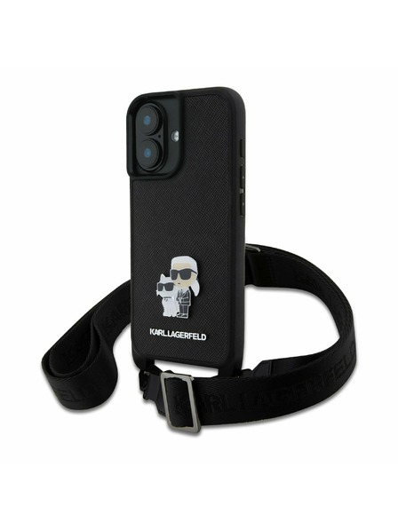 Karl Lagerfeld Karl Lagerfeld Saffiano Umhängeband Metall Karl and Choupette Rückseite Hülle für iPhone 16 Plus Schwarz