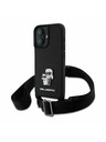 Karl Lagerfeld Karl Lagerfeld Saffiano Umhängeband Metall Karl and Choupette Rückseite Hülle für iPhone 16 Plus Schwarz