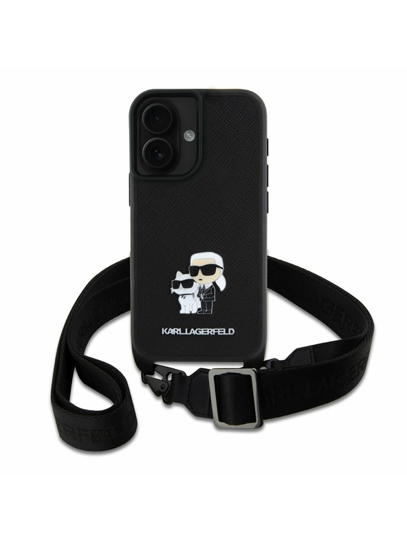 Karl Lagerfeld Karl Lagerfeld Saffiano Umhängeband Metall Karl and Choupette Rückseite Hülle für iPhone 16 Plus Schwarz