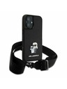 Karl Lagerfeld Karl Lagerfeld Saffiano Umhängeband Metall Karl and Choupette Rückseite Hülle für iPhone 16 Plus Schwarz