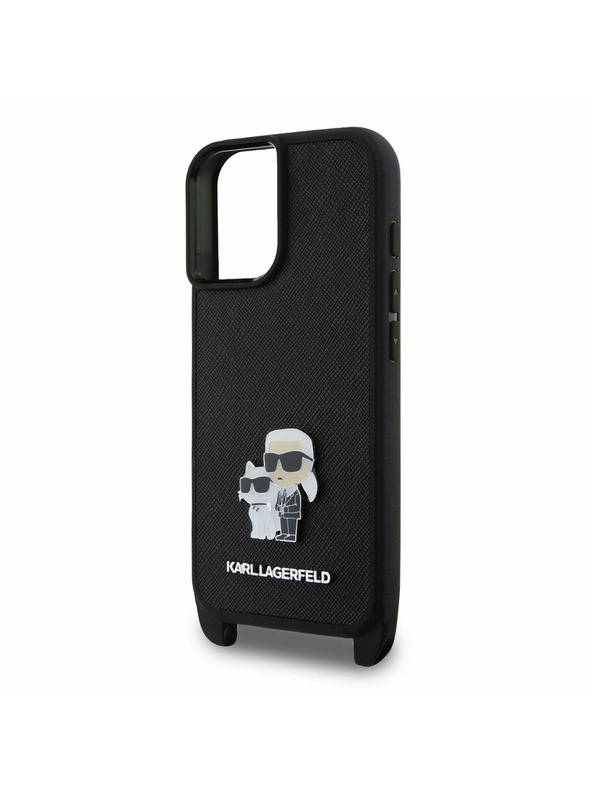 Karl Lagerfeld Karl Lagerfeld Saffiano Umhängeband Metall Karl and Choupette Rückseite Hülle für iPhone 16 Plus Schwarz