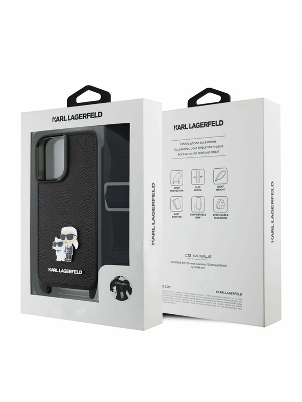 Karl Lagerfeld Karl Lagerfeld Saffiano Umhängeband Metall Karl and Choupette Rückseite Hülle für iPhone 16 Plus Schwarz