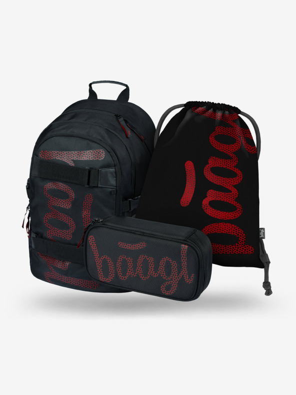 BAAGL  Schwarzes Schulset - Rucksack, Mäppchen, Tasche Baagl Skate Red