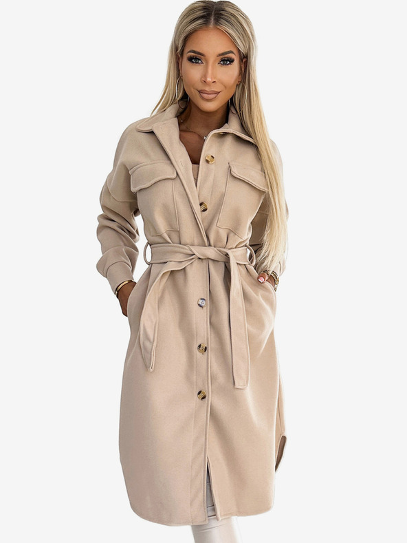 numoco Beigefarbener warmer Damenmantel mit Taschen, Knöpfen und Taillenbinde Numoco