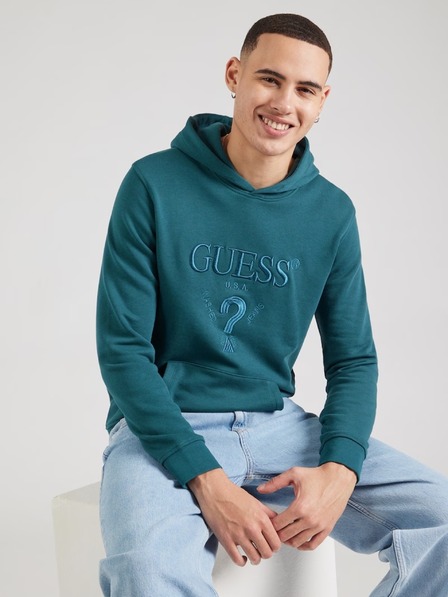 Guess Jeans Herren petrolblaues Sweatshirt mit gesticktem Logo und Kapuze Guess Jeans