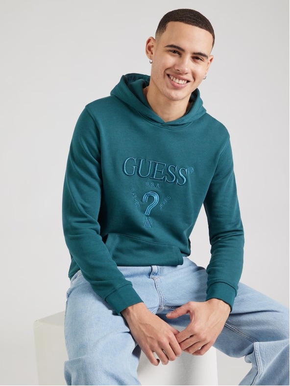 Guess Jeans Herren petrolblaues Sweatshirt mit gesticktem Logo und Kapuze Guess Jeans