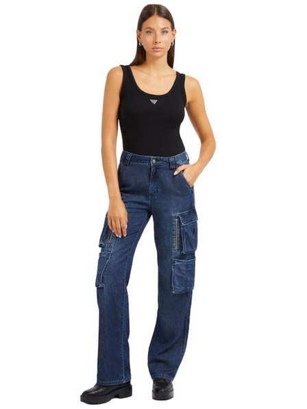 Guess Jeans Damen schwarzes Top mit kleinem Dreieckslogo Guess Jeans