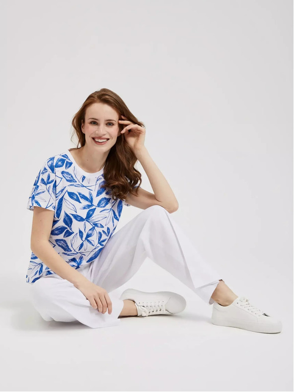 Moodo Blaue Bluse mit Blätterdruck Moodo