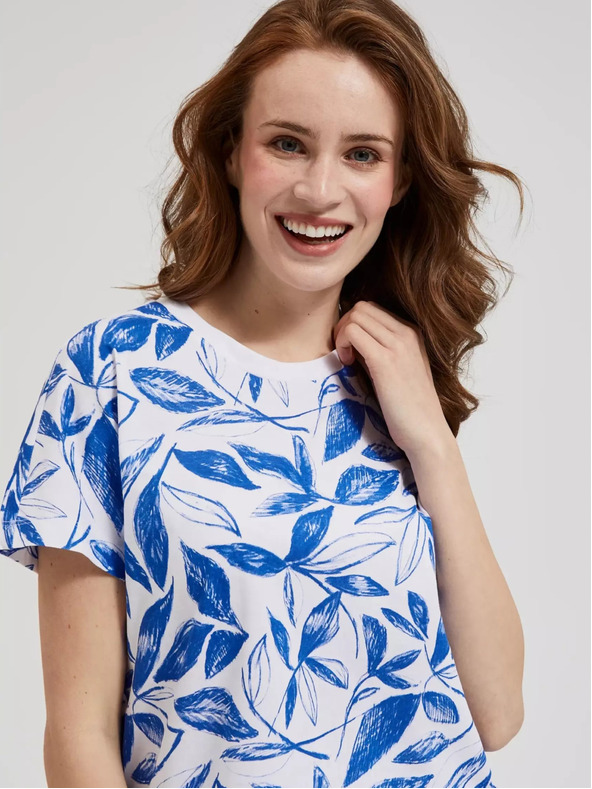 Moodo Blaue Bluse mit Blätterdruck Moodo