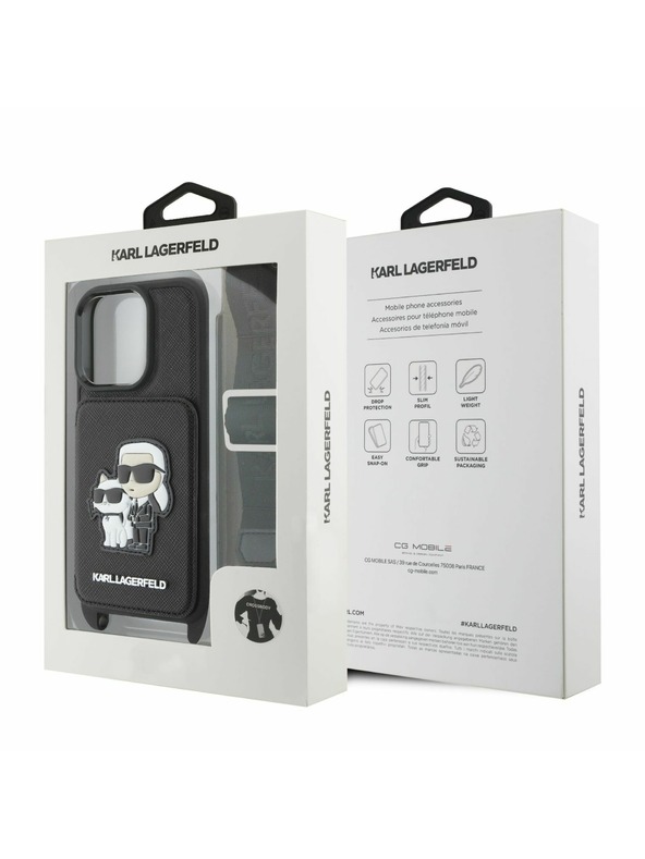 Karl Lagerfeld Karl Lagerfeld Saffiano Umhängeriemen Karl und Choupette Hülle für iPhone 16 Pro Schwarz