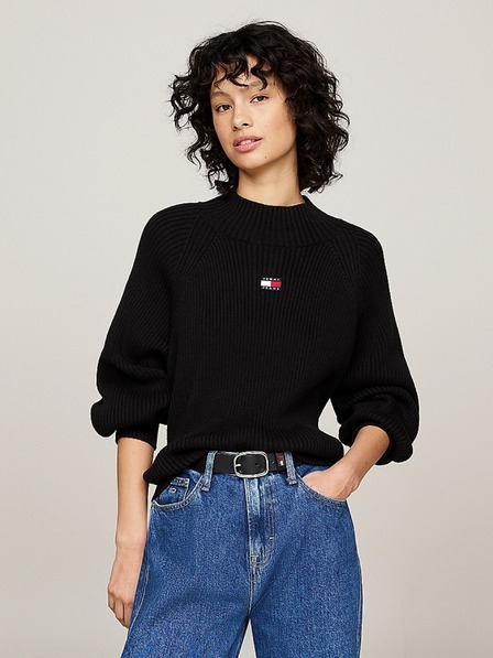 Tommy Jeans Damen schwarzer Pullover Tommy Jeans Badge Rib-Knit Black