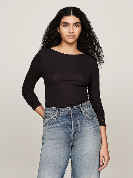 Tommy Hilfiger Damen schwarzes geripptes dünnes Langarm-T-Shirt Tommy Hilfiger